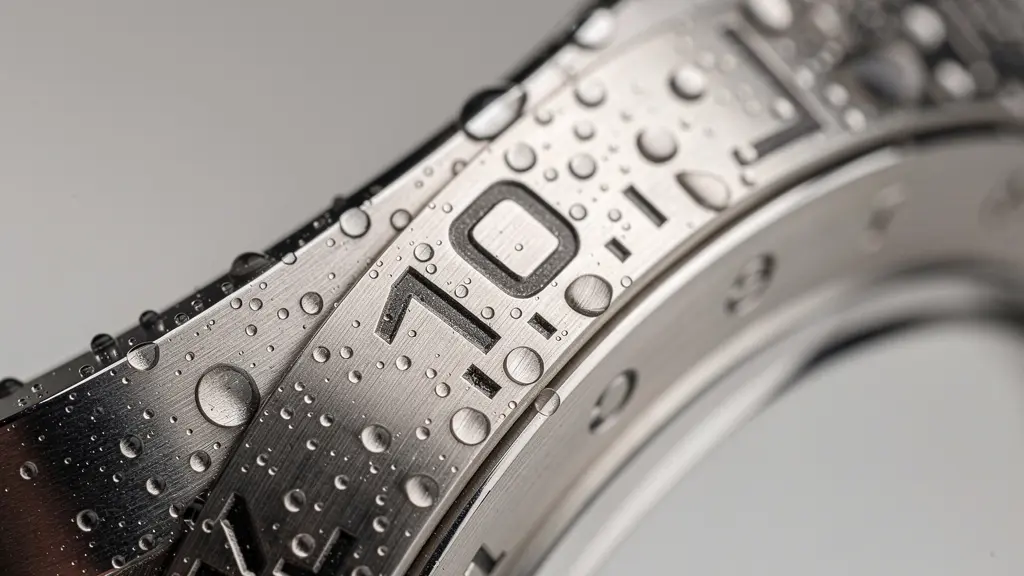 Lunette rotative de montre de plongée avec détails techniques et reflets sur acier brossé